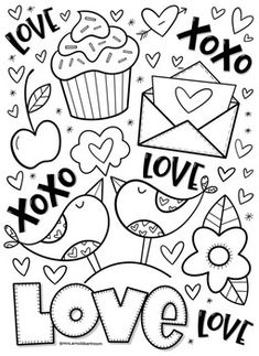 love is in the air with cupcakes and hearts on it, coloring page