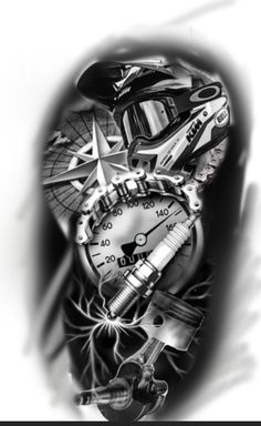 a black and white drawing of a motorcycle helmet with gear on it's side