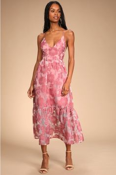 If you're waiting on your white knight, you need the perfect dressâ€” the Lulus Feeling Like Forever Rose Jacquard Organza Lace-Up Midi Dress! Lightweight burnout chiffon, with a floral motif, shapes a deep V-neckline as it flows into long, slender straps that lace up and tie across the open back. A high, fitted waist sits atop a two-tiered skirt as it falls to a floaty midi hem. Hidden zipper/clasp at back. A love story waiting to happen! Fit: This garment fits true to size. Length: Ankle lengt Tiered Midi Dress Formal, Floral Formal Wedding Guest Dress, Coastal Wedding Guest Outfit, Summer Wedding Guest Semi Formal, White And Pink Floral Dress, Pink And White Bridesmaid Dresses, Hawaiian Wedding Guest Dress, Formal Wedding Guest Dress Spring, Pink Floral Bridesmaid Dress