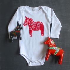 Babies 1st Birthday, Swedish Horse, First Christmas Outfit, White Long Sleeve Bodysuit, 1st Birthday Outfit, Dala Horse, 1st Birthday Outfits, Baby 1st Birthday, New Baby Gift