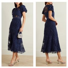 Cut From Navy Blue Lace, This Midi Dress Is As Timeless As They Come. A Sleek Silhouette Lets The Intricate Sheer, Though Subtly Lined, Lace Do The Talking, Whilst The Fabric's Pattern Helps To Further Accentuate Your Hourglass Figure. Framed By Slightly Puffed Sleeves, It Is Fitted At The Waist To Emphasise The Form Before Falling To A Flared Midi Skirt. New With Tags As Seen On Princess Of Spain. Approximate Flat Lay Measurements (With Fabric Smoothed Out To The Max): Pit To Pit 19" Length 51" Blue Short Sleeve Midi Dress For Formal Occasions, Elegant Blue Midi Dress For Cocktail, Elegant Blue Dinner Dress, Blue Long Sleeve Midi Dress For Evening, Elegant Blue Fitted Midi Dress, Blue Short Sleeve Dress For Wedding Guest, Chic Blue Evening Dress For Wedding Guest, Blue Lace Evening Dress For Cocktail, Blue Knee-length Midi Dress For Wedding Guest