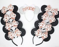 mickey mouse ears and headbands with the words squad squad in pink, white and black