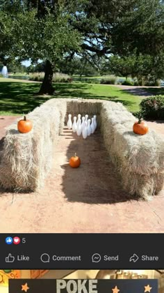 two photos with pumpkins and bowling pins on them, one is in the shape of a bench