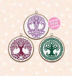 three different colored tree ornament hanging on a pink and white background with the words,