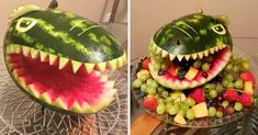 two pictures of a watermelon shaped like a shark with its mouth open and fruits in the shape of teeth