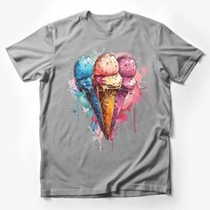 Colorful Ice Cream Cone Graphic T-Shirt, Unisex Watercolor Print Tee, Artistic Summer Dessert Top, Casual Streetwear Male T-Shirt Custom graphic T-Shirt.Customize your color Colorful Ice Cream, Streetwear Male, Dessert Toppings, Summer Dessert, Print Tee, Ice Cream Cone, Male T Shirt, Summer Desserts, Casual Streetwear