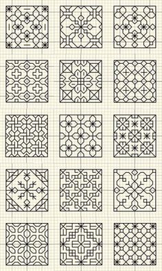 the different patterns used in quilting are shown on lined notebooks, with black ink