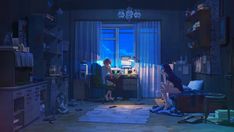 two people sitting in a room at night