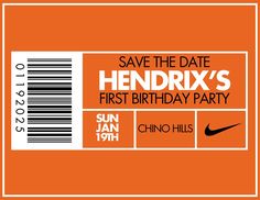 an orange and white ticket with the words save the date hendix's first birthday party