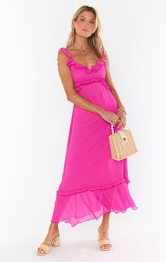 Be event ready in our Pink Chiffon Lane Midi Dress! Ruffled straps and v-neckline meet flirty side cutouts before ending at a ruffled midi hem. Head out in strappy heels and dainty jewelry for a best dressed guest look. Garden Wedding Dress Guest, Engagement Pic, Rainbow Outfit, Mumu Dress, Chiffon Midi Dress, Tanya Taylor, Summer Soiree, Pink Midi Dress, Show Me Your Mumu