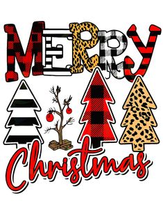 merry christmas with trees and leopard print on the bottom right hand corner in red, white, black and grey