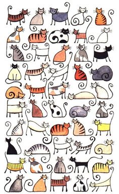 an image of cats with different colors and sizes on white paper, including one cat in the