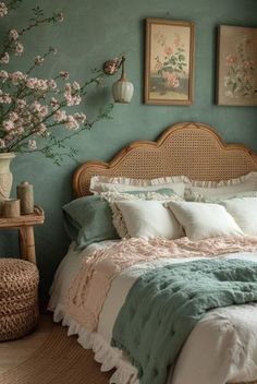 a bedroom with green walls and wicker bed frame, white linens on the pillows