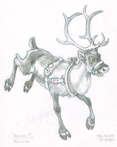 a pencil drawing of a reindeer wearing a harness