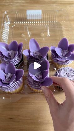 cupcakes decorated with purple icing and flowers in a plastic container on a wooden table