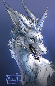 a drawing of a white wolf with blue eyes and sharp fangs on it's face