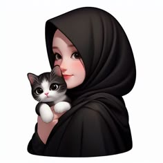 a woman holding a cat in her arms and wearing a black shawl over her head