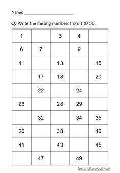 the missing numbers from 1 to 50 worksheet is shown in black and white