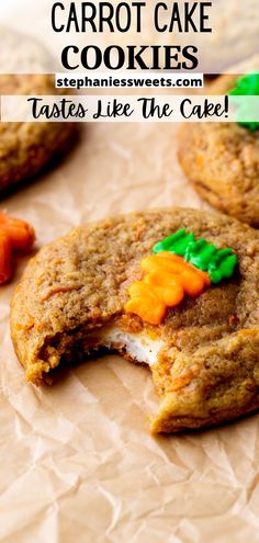 carrot cake cookies are cut in half and sitting on wax paper with the words, tastes like the cake