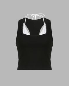 Details: Black tank top with white straps halter designTop Length: CroppedSleeve Length: SleevelessMaterials:35% Cotton + 60% Polyester + 5% Spandex White Halter Neck Crop Top With Straps, Black T-back Top For Spring, White Sleeveless Halter Top With Straps, White Stretch Halter Top With Tank Straps, White Tank Halter Top With Built-in Bra, White Halter Tank Top With Built-in Bra, White Fitted Halter Top With Tank Straps, White Halter Top With Built-in Bra, Black Racerback Halter Top For Summer