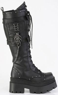 Stay Spooky™ with the WRATH-205 Platform Boots! These babies make a statement with the all-over stud details and skull hand ornaments. 3 1/4" (83mm) Chunky Heel 2" (51mm) Square-Toe Platform Featuring Buckled Cargo Side Pocket W/ D-Ring & Skull Hand Ornaments & Hanging Chain Details and All Over Stud Details Inside Metal Zip Closure 100% Vegan. US women's sizing: refer to size chart for more info. Steampunk Boots Women, Hand Ornaments, Steampunk Shoes, Steampunk Boots, Pirate Boots, Leather Platform Boots, Demonia Shoes, Stay Spooky, Skull Hand