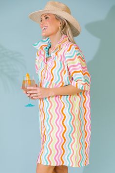 Dani Dress, Capri Crush Vacation Beach Cover-up Dress With Vibrant Print, Vibrant Print Summer Dress For Beach Cover-up, Casual Beach Cover-up Dress With Vibrant Print, Vibrant Print Beach Dress Cover-up, Off Shoulder Jacket, Multicolor Print Beach Cover-up, Athleisure Accessories, Vest Blazer, Comfy Tops