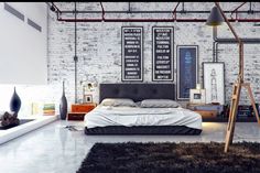 an industrial bedroom with exposed brick walls