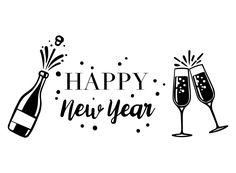 two glasses of champagne with the words happy new year written in black on a white background