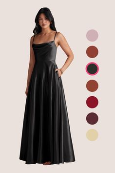 a woman wearing a black dress with different colors