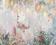 an artistic painting with flowers and birds in the foreground, surrounded by other plants