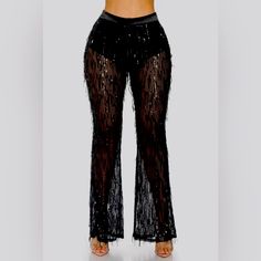 Featuring A High Waisted Underwear Lining Sheer Layered Sequin Wide Leg Pants And Side Zipper. Self: 95% Polyester 5% Spandex Contrast: 90% Polyester 10% Spandex Lining: 100% Polyester Made In China Chic Party Leggings In Elastane, Chic Elastane Leggings For Party, Stretch Sequin Bottoms For Club, Party High Waist Stretch Leggings, Stretch Party Leggings, Elastane Party Leggings, Stretch High-waist Leggings For Party, Stretch Full Length Club Pants, Stretch Full-length Club Pants