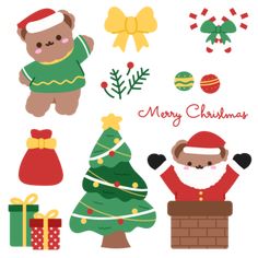 a christmas card with teddy bears, presents and other holiday related items on white background