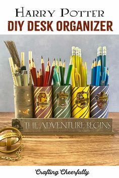 harry potter diy desk organizer with pencils in it