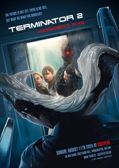 a poster for the movie terminator 2, featuring two people looking into a mirror