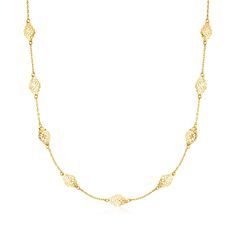 Ross-Simons - Italian 14kt Yellow Gold Navette Station Necklace. 18". This fanciful design will provide you with ample elegance and shine for a lifetime! Made in Italy of polished 14kt yellow gold, the necklace features openwork navette-style stations along a classic cable chain. Includes a 2" extender. Springring clasp, 14kt yellow gold navette station necklace. Elegant 14k Gold Filigree Necklace, 14k Yellow Gold Station Necklace For Anniversary, Elegant 14k Stamped Chain Necklace For Formal Occasions, Formal Yellow Gold Diamond Cut Station Necklace, 14k Gold Filigree Necklace For Formal Occasions, Formal Yellow Gold Filigree Chain Necklace, Classic 14k Yellow Gold Station Necklace, Gold 14k Station Necklace, Gold Diamond-cut Station Necklace For Formal Occasions