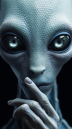 an alien is holding his finger up to his mouth and looking at the camera with big eyes