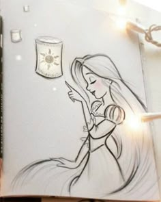 a drawing of a girl holding a lit candle in her hand and looking at it