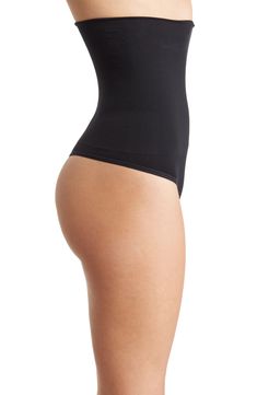 Soft and comfortable for everyday wear, this cotton-blend thong is made with a seamless design that's invisible under clothing. 14" rise (size S/M) Lined gusset Shell: 93% nylon, 7% spandex; Waistband: 83% nylon, 17% spandex; Crotch: 75% nylon, 19% cotton, 6% spandex Hand wash cold, dry flat Imported Supportive Black Bottoms With Soft Touch, Supportive Black Bottoms With Seamless Construction, Supportive Seamless Black Bottoms, Black Soft Touch Brief Shapewear, Black Soft Touch Shapewear, Nordstrom Rack, Everyday Wear, High Waist, Hand Wash