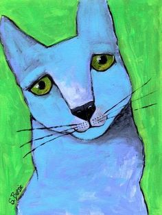 a painting of a blue cat with yellow eyes on a green background, looking at the camera