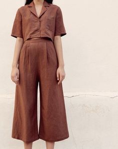 Brown Linen Wide-leg Pants, Set Outfit Two Pieces, Summer Linen Outfits, Linen Culottes, Linen Style Fashion, Culotte Pants, Matching Sets Outfit, Loungewear Outfits, Linen Fashion