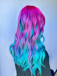 Mermaid hair, pink and turquoise hair, pink and blue hair, pink and green hair Bright Hair Color Ideas For Blondes, Blue Pink Hair Color, Mermaid Hair Colors, Bright Colour Hair Ideas, Pink And Purple And Blue Hair, Mermaid Hair Dye, Pink Purple And Green Hair, Pink Teal Hair