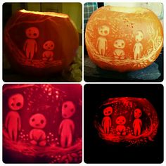 four different pumpkins with faces carved into them