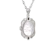 White Mother-of-Pearl Doublet with 0.08ctw White Zircon Rhodium Over Sterling Silver Locket Pendant w/Chain. Pendant measures approximately 1 1/8" L x 5/8" W and has a 1.5mm bail. Singapore chain measures approximately 18 inches in length, 1/32 of an inch in width with a lobster claw clasp closure and a 2-inch extender. Colors, shapes, and sizes may vary. Accent stones primarily zircon. Elegant Round Locket Necklace For Anniversary, Formal Oval Pearl Chain Jewelry, White Oval Sterling Silver Locket Necklace, White Oval Locket Necklace In Sterling Silver, Elegant White Gold Round Locket Necklace, White Round Locket Necklace For Anniversary, Silver Locket Necklace For Formal Occasions, Round White Locket Necklace For Anniversary, Elegant Round White Gold Locket Necklace