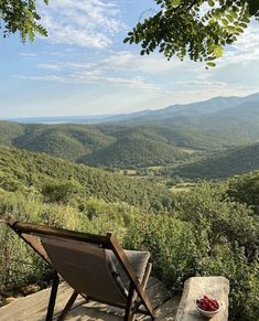 a chair and bowl of fruit sitting on a deck overlooking the valley in the distance