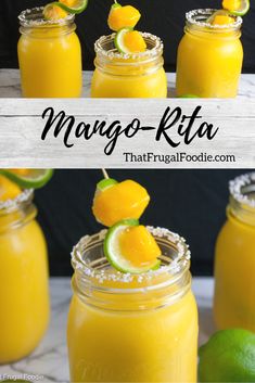 mango - rta smoothie in mason jars with limes on the top and bottom