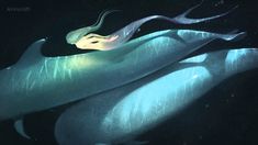 an animated image of two dolphins swimming in the ocean at night with lights shining on them