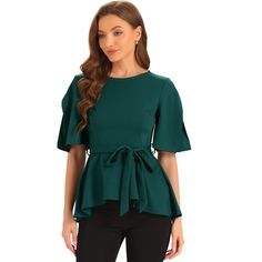 This blouse features a belt-tie design that is both timeless and fashionable, making it perfect for any casual occasion. This split-sleeve design creates easy layering, making it perfect for being paired with your favorite pants or skirts. This crew-neck peplum blouse delivers a classic and edgy look that never goes out of style. This fashion and versatile design is suitable for business and going out. Wear this women's ruffle blouse to complete a fresh look in daily life, whether you're looking Casual Belted Tops For Work, Solid Color Tie Waist Long Sleeve Tops, Casual Blouse With Tie Waist For Brunch, Fitted Tops With Tie Waist, Short Sleeve Tie Waist Tops For Work, Elegant Short Sleeve Peplum Top For Work, Short Sleeve Tops With Tie Waist For Work, Elegant Belted Blouse For Work, Tie Waist Short Sleeve Tops For Work