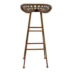 a wooden stool with holes in the top and bottom, sitting on a white background