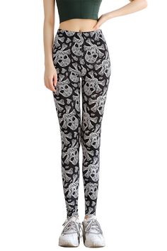 Womens Leggings Punk Style Skull Pattern Slim Fit High Elasticity Leggings Black Skull Print Leggings For Halloween, Halloween Skull Print Black Leggings, Casual Stretch Leggings With Skull Print, Casual Skull Print Stretch Leggings, Edgy Bottoms With Skull Print For Alternative Fashion, Edgy Skull Print Bottoms For Alternative Fashion, Punk Style Bottoms With Skull Print For Alternative Fashion, Halloween Stretch Skull Print Leggings, Grunge Halloween Bottoms With Skull Print