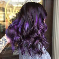 dark brown hair with purple and white highlights Purple And Black Hair, Purple Highlights Brown Hair, Purple Highlights, Dark Hair With Highlights, Lavender Hair